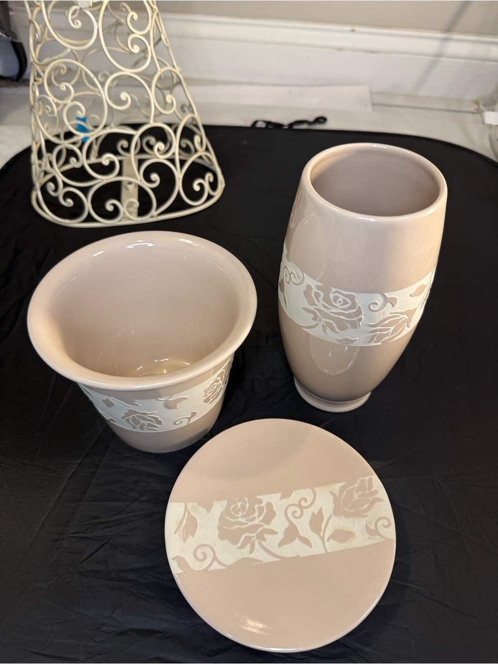 Neutral Taupe Floral Ceramic Vase, Planter & Tray Set believe to be Lenox